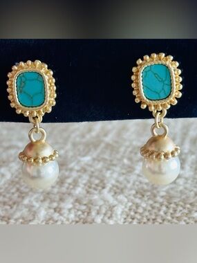 Matte Gold Turquoise Inlay and Freshwater Pearl Drop Earrings